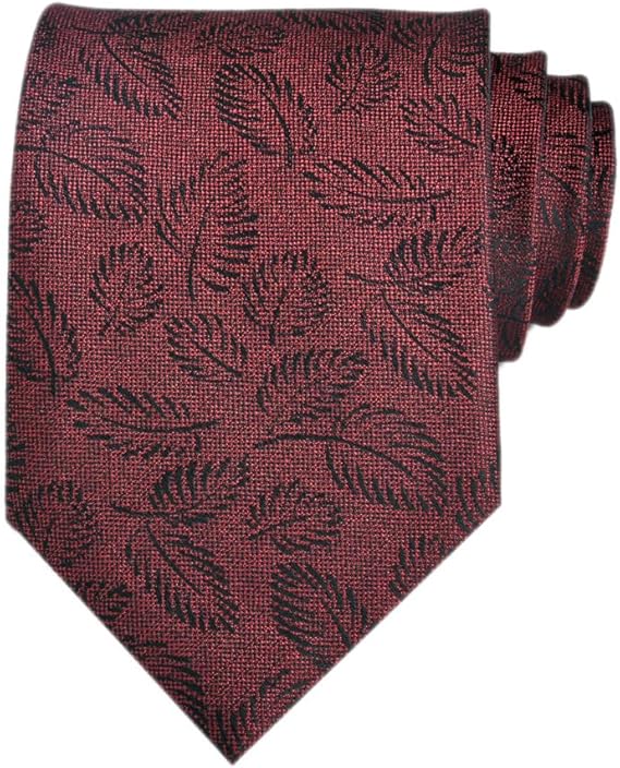 Men’s Red Feather Pattern Tie – Classic Business Necktie with Black Leaf Print – Formal & Casual Wear