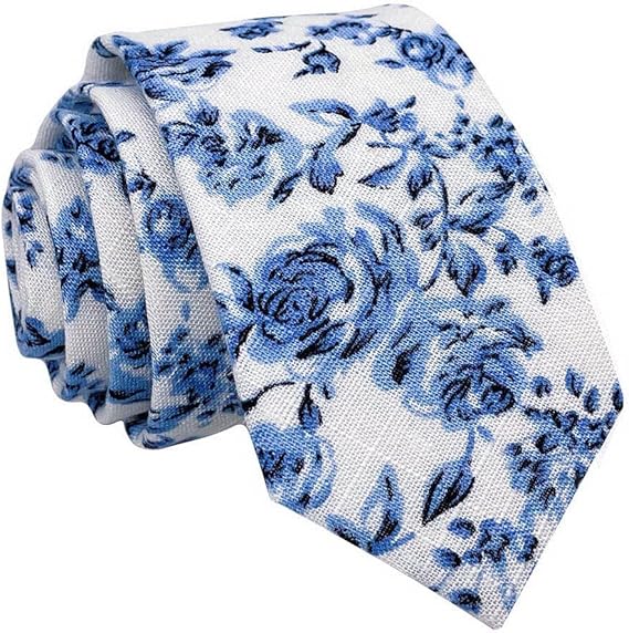 Men's Floral Necktie with Vintage Blue Rose Print – Elegant Business and Wedding Tie in Premium Cotton Blend – Gift-Ready Packaging Available