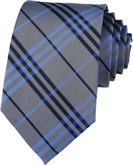 Men’s Classic Plaid Necktie – Grey and Blue Check Pattern Business Tie – 8cm Wide Formal Dress Accessory