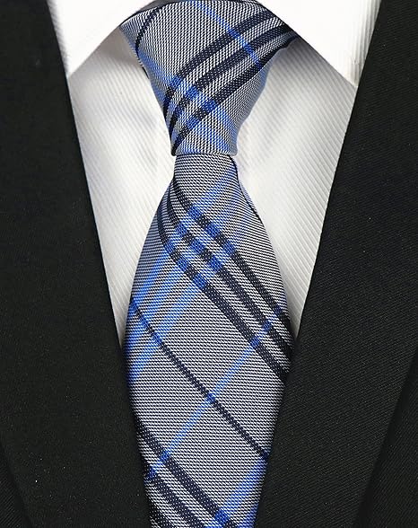 Men’s Classic Plaid Necktie – Grey and Blue Check Pattern Business Tie – 8cm Wide Formal Dress Accessory